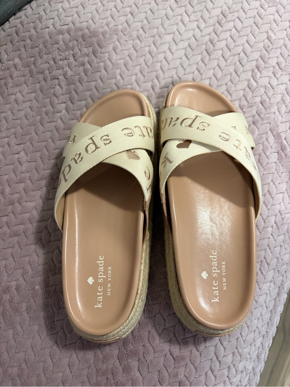 kate spade Cream Canvas Cross-Strap Slide Mules